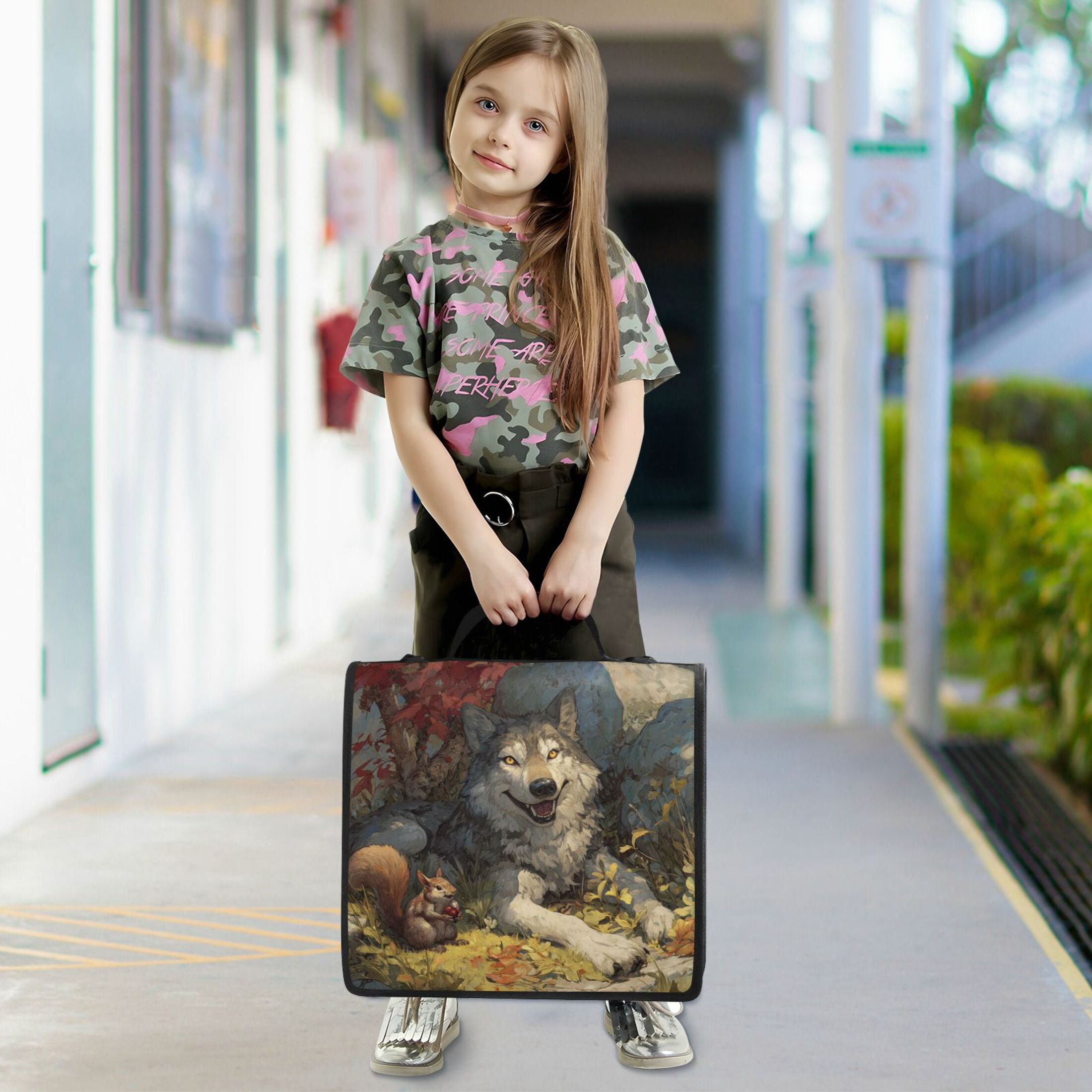 Zipper Binder 3 Rings Stationery Office Files Daily Organizer File Folder Storage Bag Gray Wolf and Squirrel