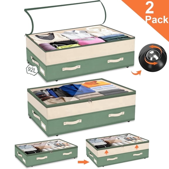 Natubeau 2 Pack 92L Under Bed Storage Containers with Wheels, Waterproof Non-Woven Under Bed Organizer with Clear Top, Handles & Label Holder for Bedding, Clothes, Shoes, Green