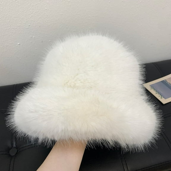 Zhuge Fluffy Faux Fur Fisherman Hat – Women's Cute Plush Winter Hat for Stylish Warmth, White, 1 piece