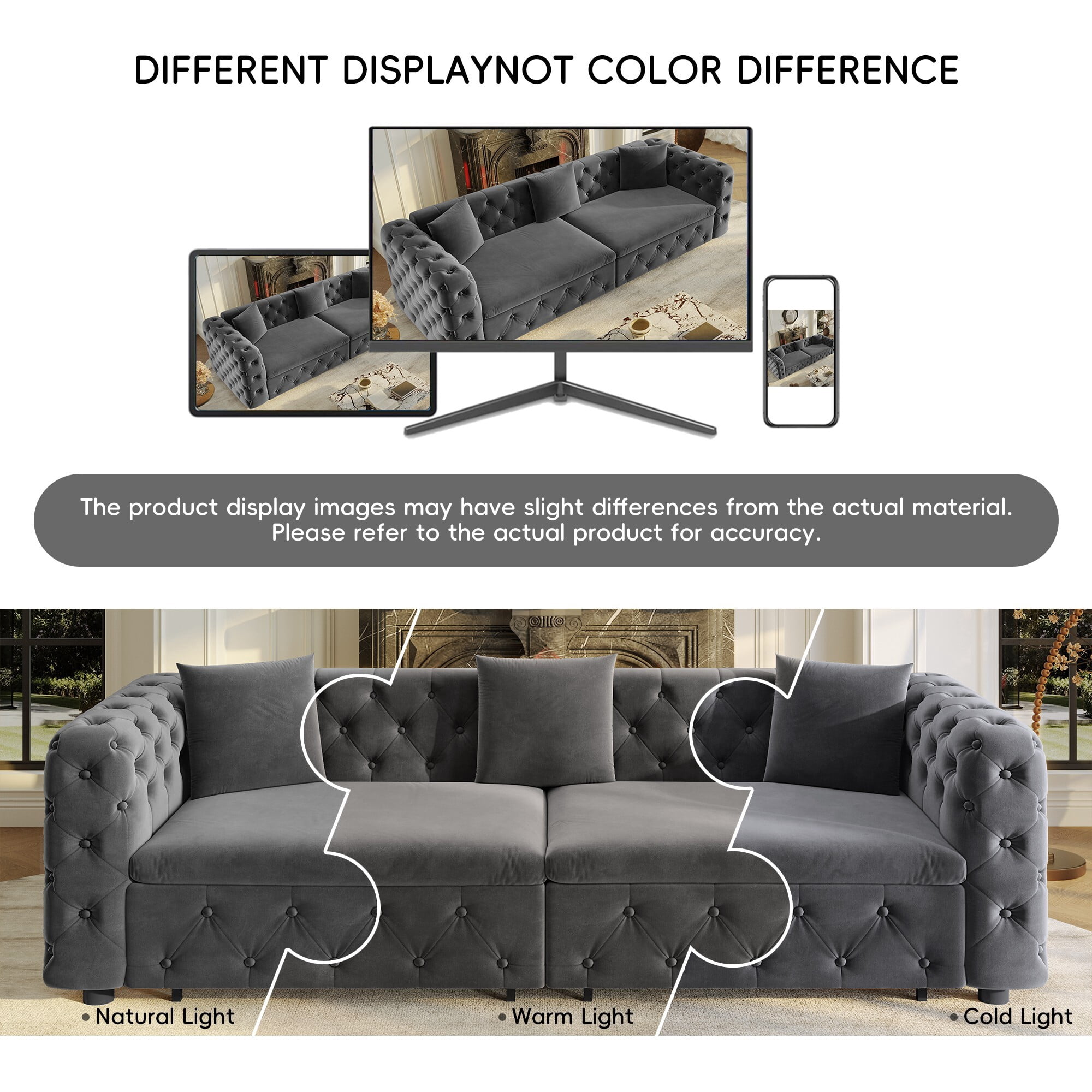 DEALTOPS 89 Inch Chesterfield Tufted Velvet 3 in 1 Pull Out Sofa Bed, 4 Seater Tuxedo Living Room Couch, Gray