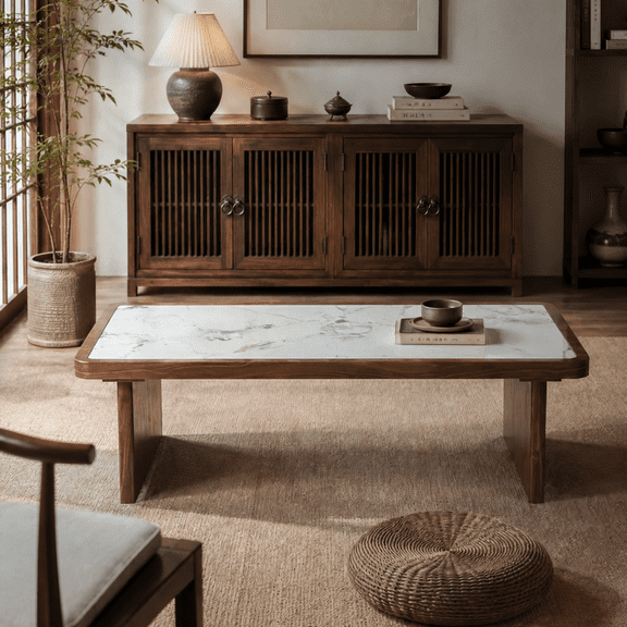 47" Coffee Table with Sintered Stone Top, Walnut Wood Veneer Frame for Living Room