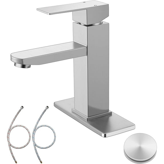 Brushed Nickel Bathroom Faucet with Bathroom Sink Drain, Single Handle Bathroom Faucets for Sink 1 or 3 Holes, Stainless Steel Vanity RV Lavatory Faucet with Deck Plate, 2 Water Supply Hoses
