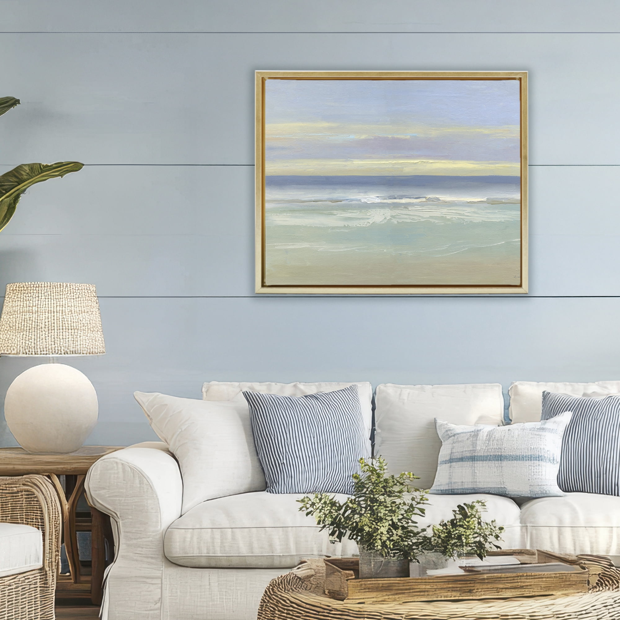 Stupell Industries Tranquil Coastal Morning Waves Gold Framed Floater Canvas Wall Art, design by Sally Swatland