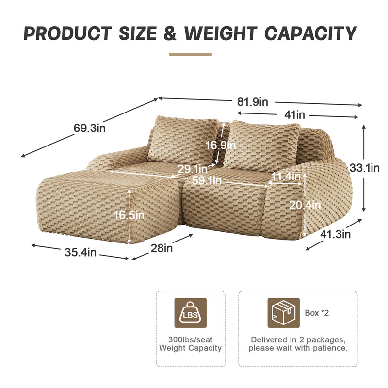 82" Modern L-Shaped Modular Sectional Sofa for Living Room,Flannelette Fabric,Oversized 2-Seater Couch,boneless sofa ,Movable Ottoman,Buckle connection,Anti-slip Design,No Assembly,Light Camel