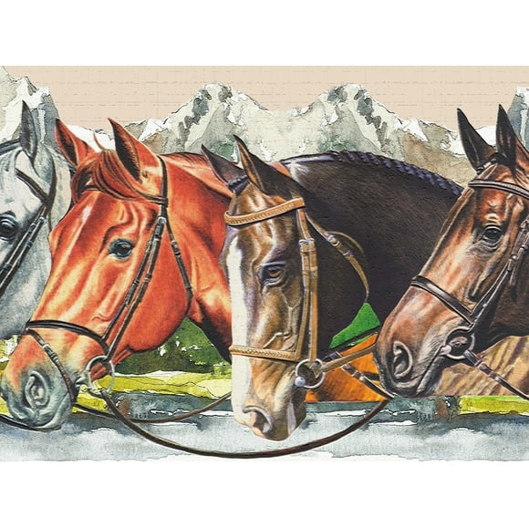 Dundee Deco's Peel and Stick Wallpaper Border - Nature Green Brown Horses Wall Border Retro Design, 15 ft x 7 in (4.57m x 17.78cm), Self Adhesive