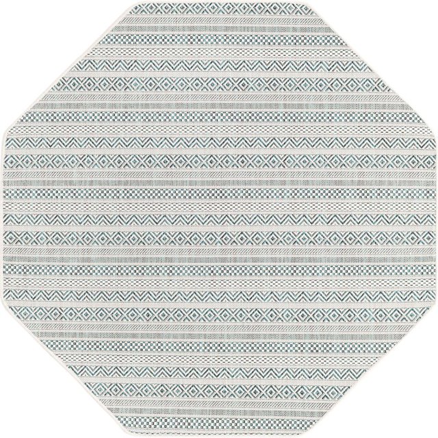 Unique Loom Outdoor Striped Geometric Rug 5' 3 x 5' 3 Octagon Teal/Ivory