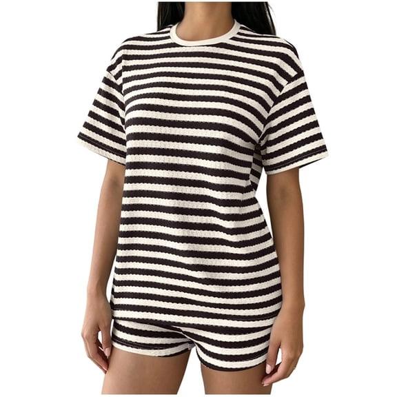 Summer 2 Piece Sets for Women Plus Size Going out Round Neck Stripe Multi-Color Short Sleeve Short Pants With Elastic Waist Set
