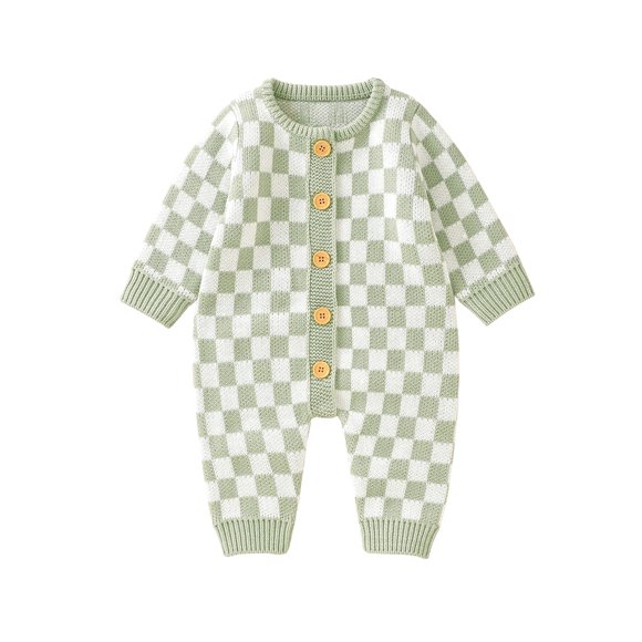 Nituyy Baby Girl Boy Knitted Jumpsuit, Checkerboard Round Neck Long Sleeve Button Up Rompers, 0-24 Months