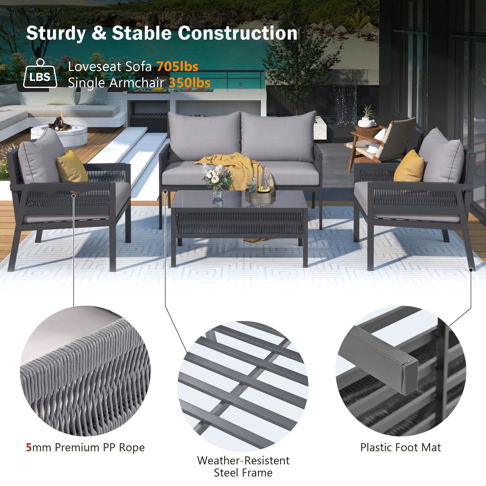 DEALTOPS 4-Piece Rope Patio Furniture Set, Outdoor Furniture with Tempered Glass Table, Patio Conversation Set Deep Seating with Thick Cushion for Backyard Porch Balcony-Grey