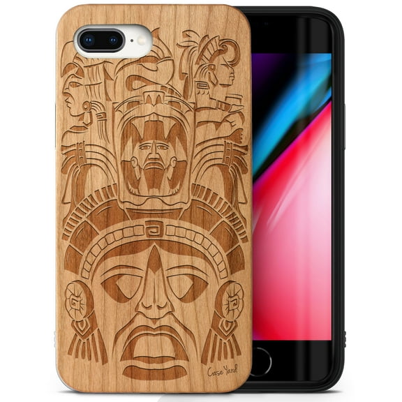 Case Yard Wooden Case Outside Soft TPU Silicone Slim Fit Shockproof Wood Protective Phone Cover for Girls Boys Men and Women Supports Wireless Charging Tribal Mayan Mask Design case for iPhone-8-Plus