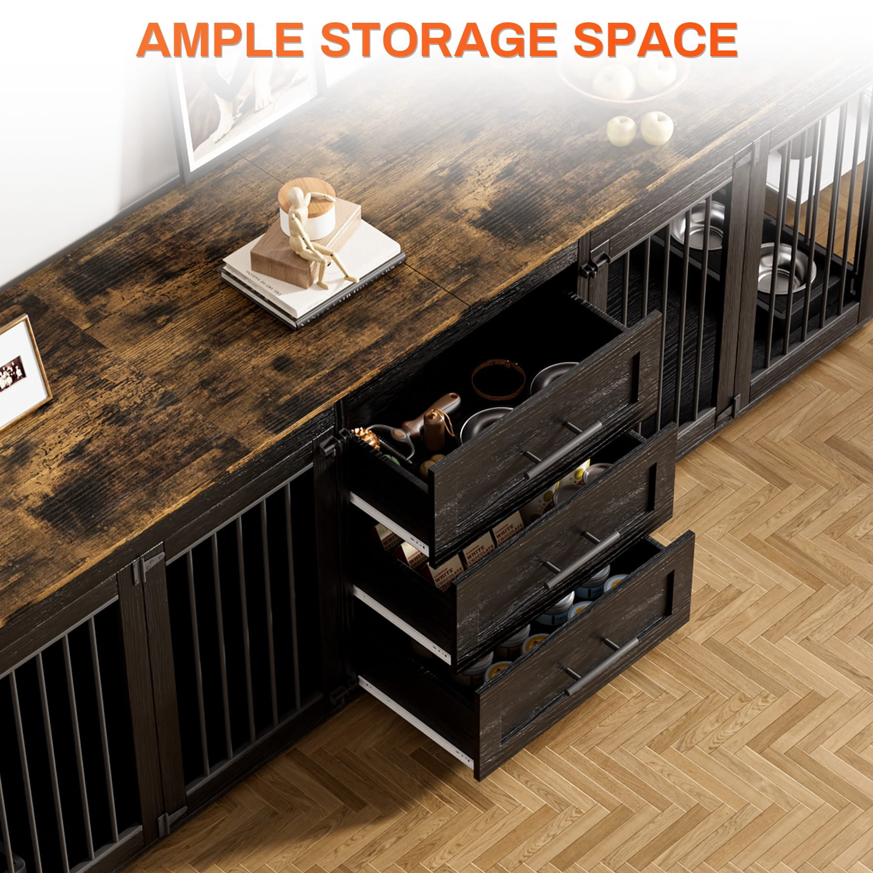 Wiilayok 94.5" Dog Crate Furniture for 2 Large Medium Dogs, Wooden Dog Kennel TV Stand with 3 Storage Drawers, 4 Bowls & Locks, Black Brown Indoor Dog House