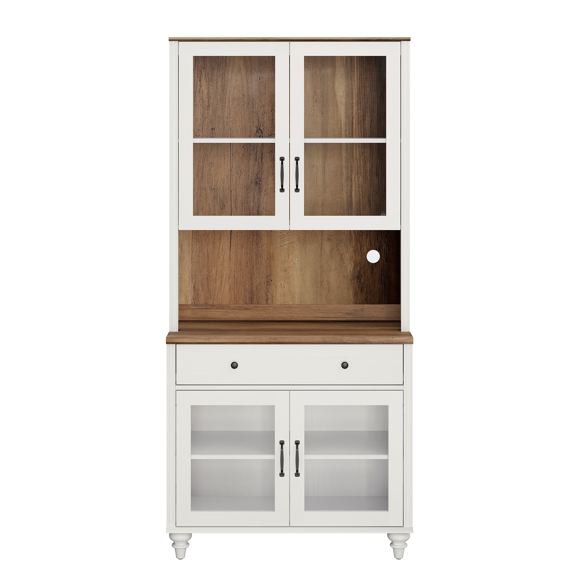 72"H ×33.9"W 5-Tier Farmhouse Display Bookcase with Glass Doors, Storage Cabinet & Wood Drawer, Wooden Bookshelf for Living Room, Office, Kitchen, White