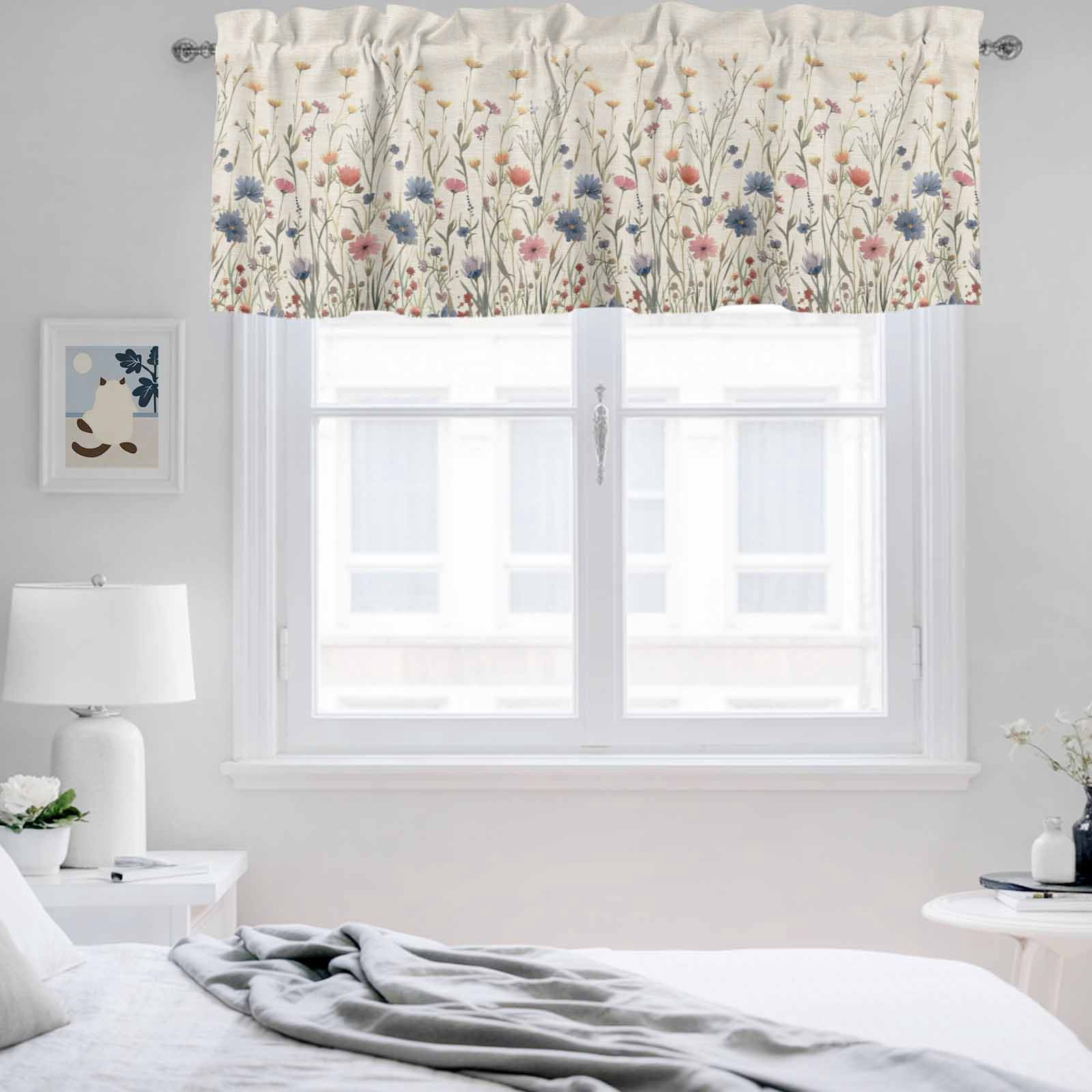2 Pack Floral Valance for Window Watercolor Leaves Colorful Daisy Linen Background Kitchen Valance Rod Pocket Short Curtain Topper Decorative Window Treatment for Living Room Bedroom 54"x18"