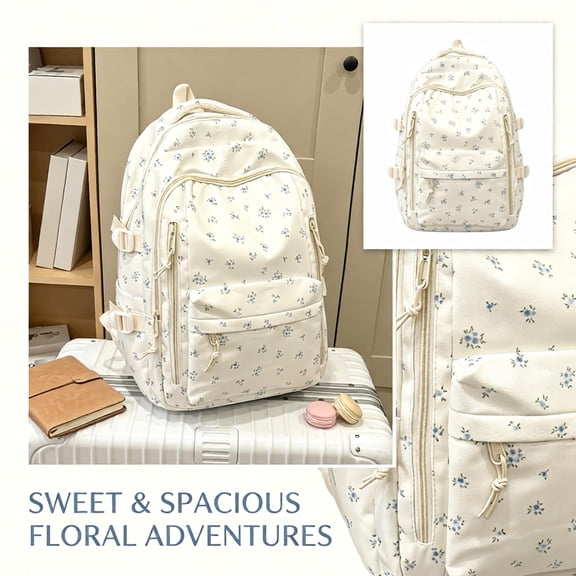 Girls School Backpack Floral Print Laptop Bag for Teen Girls, Cute Lightweight Daypack with Padded Straps for College Travel, White Nylon