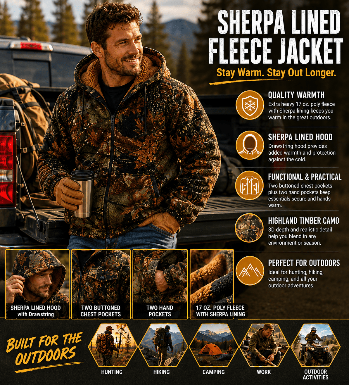 TrailCrest Men's Warm Sherpa Lined Hoodie Fleece Shirt Jacket, Classic Zip Up Camouflaged, XL