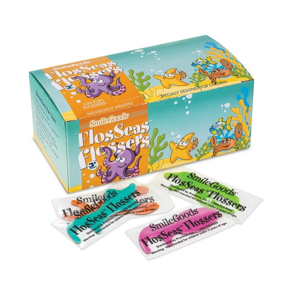 Practicon SmileGoods FlosSeas Flossers, AIF9 Individually Wrapped Kids Flossers, Sea Animal Shaped Flosser for Children, Box of 200