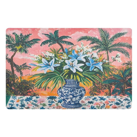 Yayeee Doormat for Inside 20"x32" Absorbent Low-Profile Washable Non-Slip Rubber Backed Entryway Rug, Blue Flowers