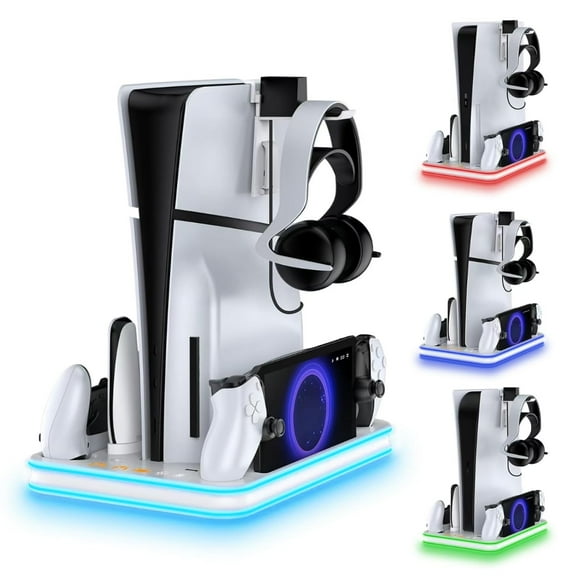 PS5 Slim Bracket And Cooling Station, With RGB LED Controller, Charging Station For PlayStation 5, PS5 Controller Charger For Dual Sensing And Edge Controller, PS5/PS5 Slim Accessory Cooling