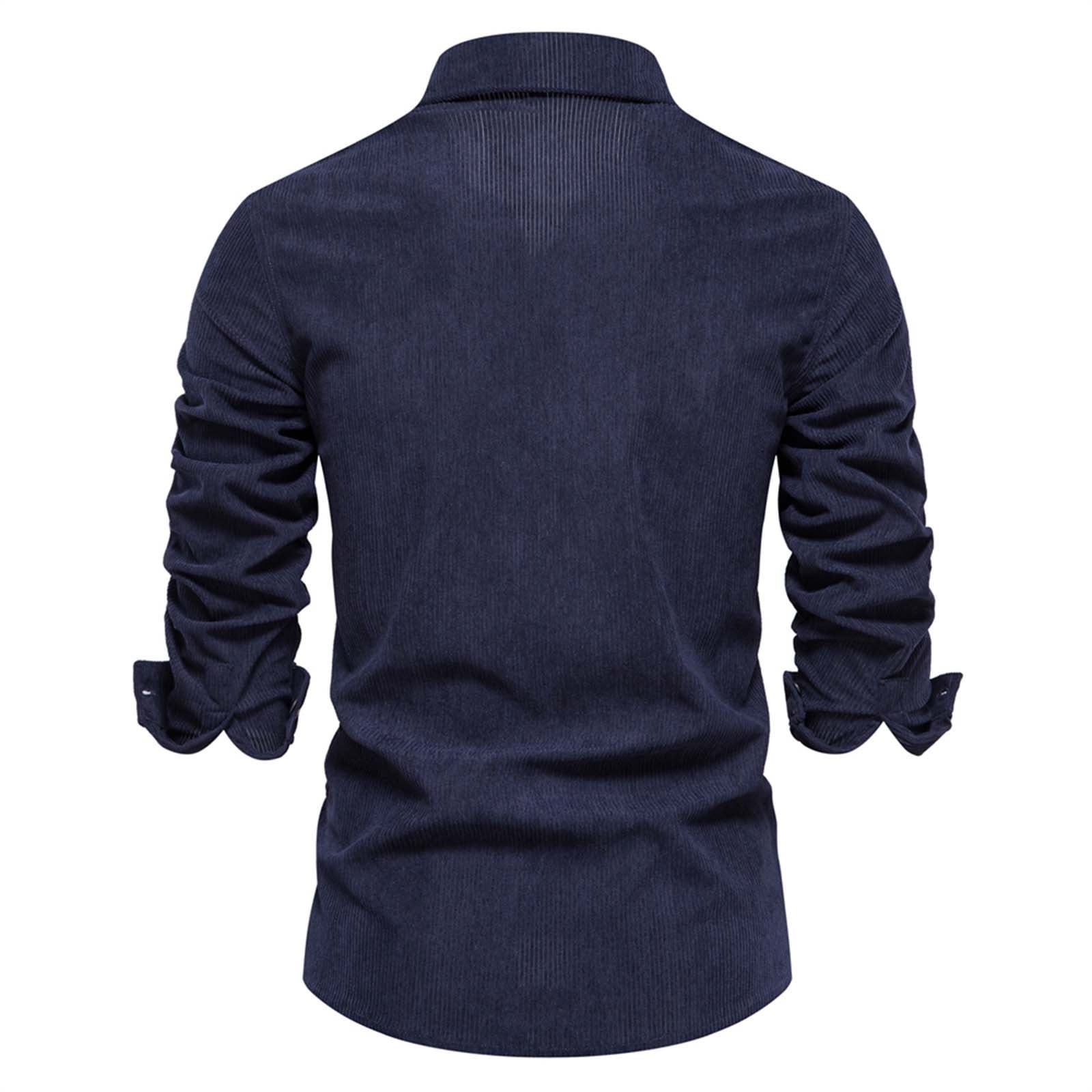 VSSSJ Men Long Sleeve Ribbed Corduroy Shirts Button Down Lapel Collar Shirt Slim Fit Stretch Solid Color Pocket Casual Fall Tops Shirts Navy L