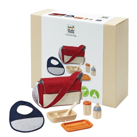 PlanToys® Baby Doll Feeding Set for Kids | Wooden Pretend Play Baby Care Accessories with Bag, Bottles, Bib, Spoon & Food Box | Montessori Toy for Toddlers | Eco-Friendly Doll Accessory Kit
