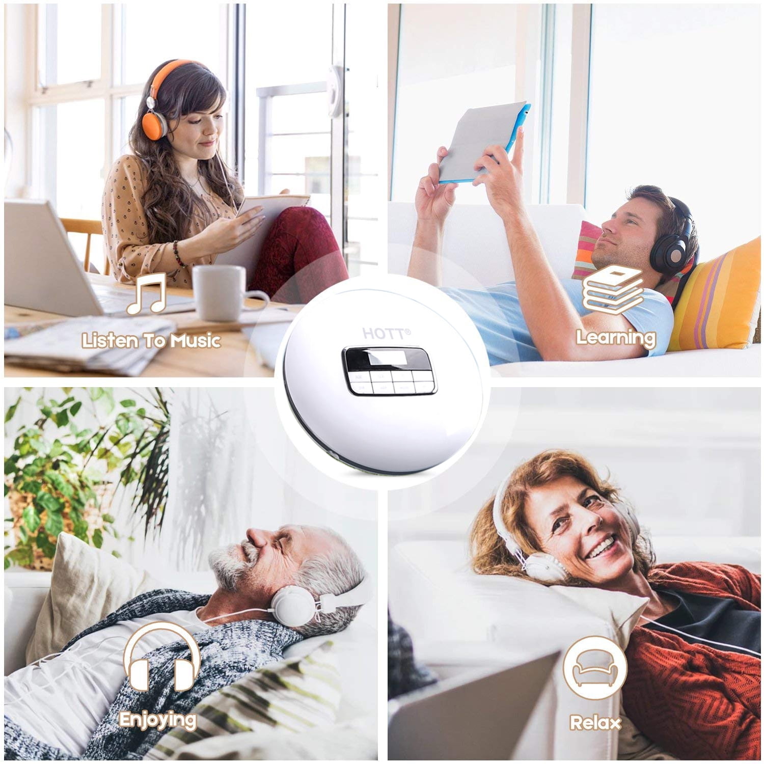 MEGICOT Portable CD Player, Personal Compact MP3/CD Player with Anti-Skip/Shockproof Protection, Compact CD Music Disc Player with LCD Display (White)