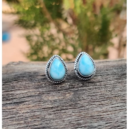 Larimar Pear Stud Earrings – 925 Sterling Silver Natural Larimar Gemstone Studs for Women, Handmade Boho Silver Earrings with Push Back, Jewelry Gift for Birthday, Anniversary