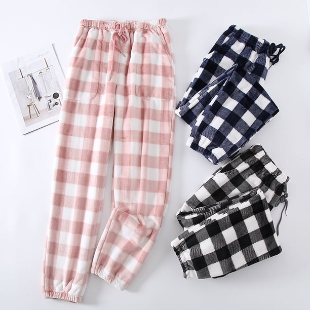 Pantalones de pijama de franela para parejas, pantalones de polar coral grueso a cuadros para mujer, pantalones cálidos, pantalones holgados para el hogar para hombre, otoño e invierno