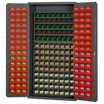 14 Gauge Flush Door Style Lockable Cabinet with 112 Pigeon Hole & 96 Red Plastic Hook on Bins Gray - 36 in.