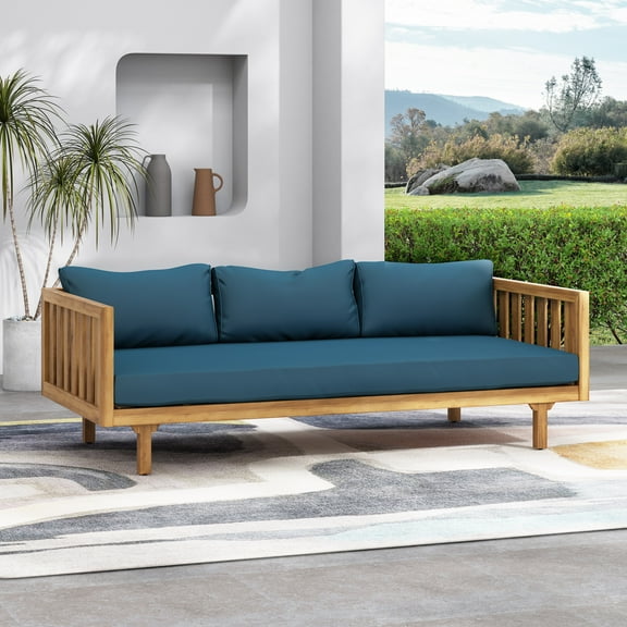 GDF Studio Bordeaux Outdoor Acacia Wood 3 Seater Daybed with Cushions, Teak and Dark Teal