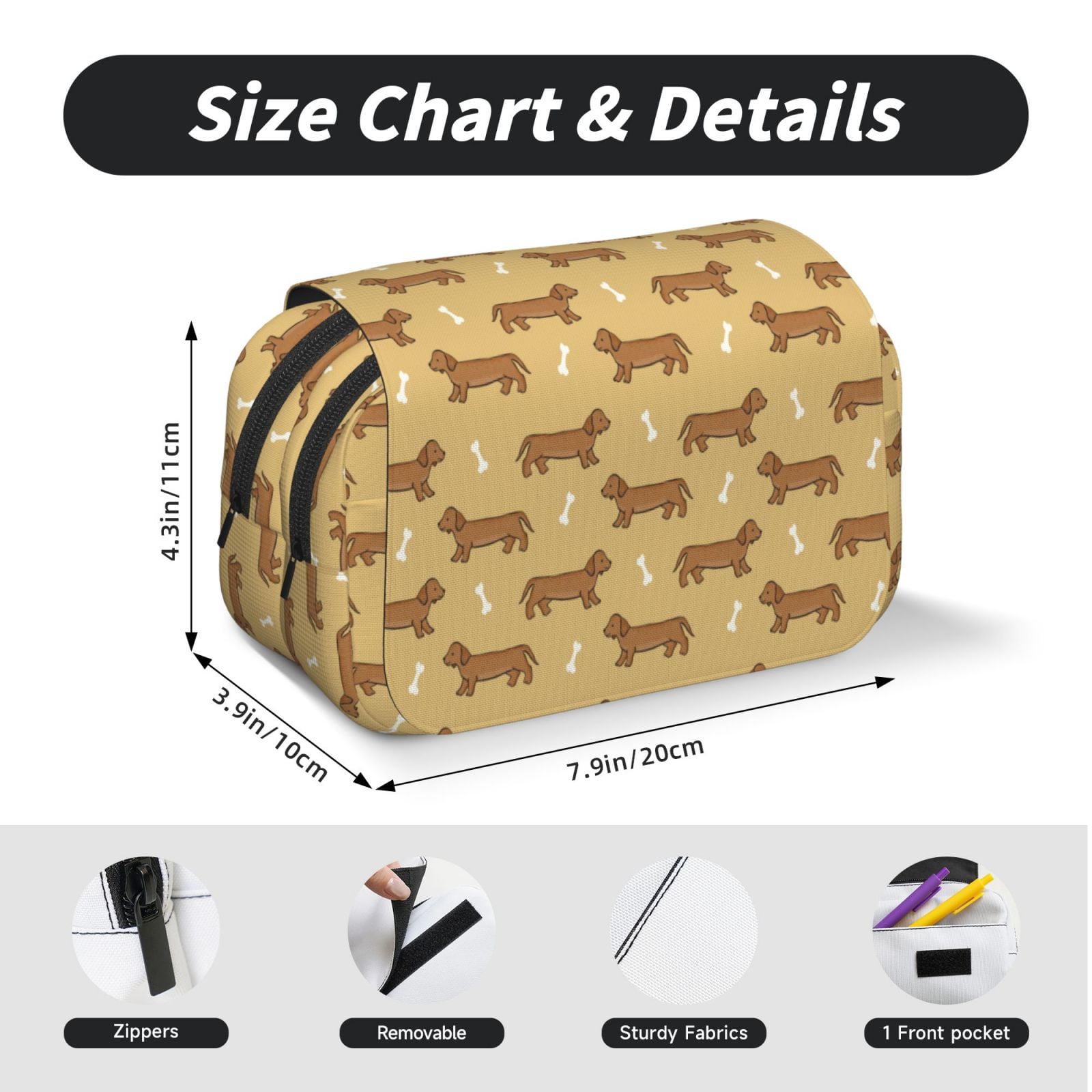 Rateoe Dachshund Dog Puppy Pattern Double Clamshell Pen Case, Storage Organizer with Two Zipper Compartments– Holds Up to 50 Pencils & Pens