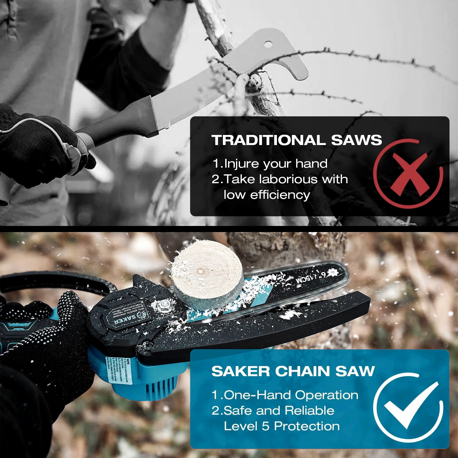 Saker 6 inch Mini Chainsaw with 2 Batteries & 2 Chains, Electric Chainsaw for Cutting, Ideal for Gardening, Tree Trimming, Blue
