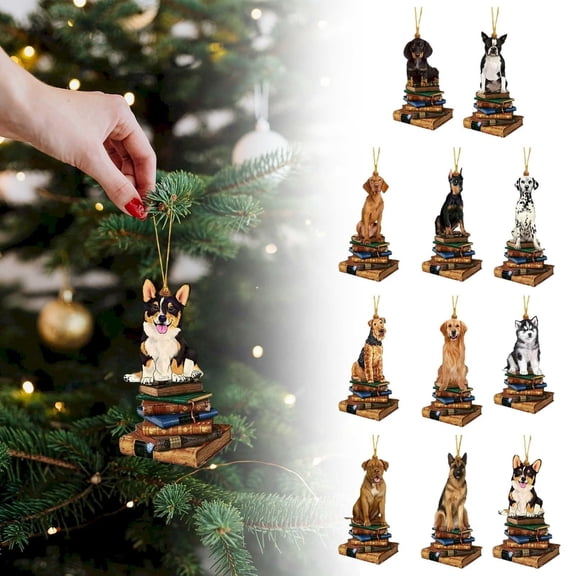 11‑Pcs Book‑Lover Library‑Themed Dogs Acrylic Ornament Pendants, 2D Flat Hanging Decor for Christmas Trees Birthday, Memorial Gift
