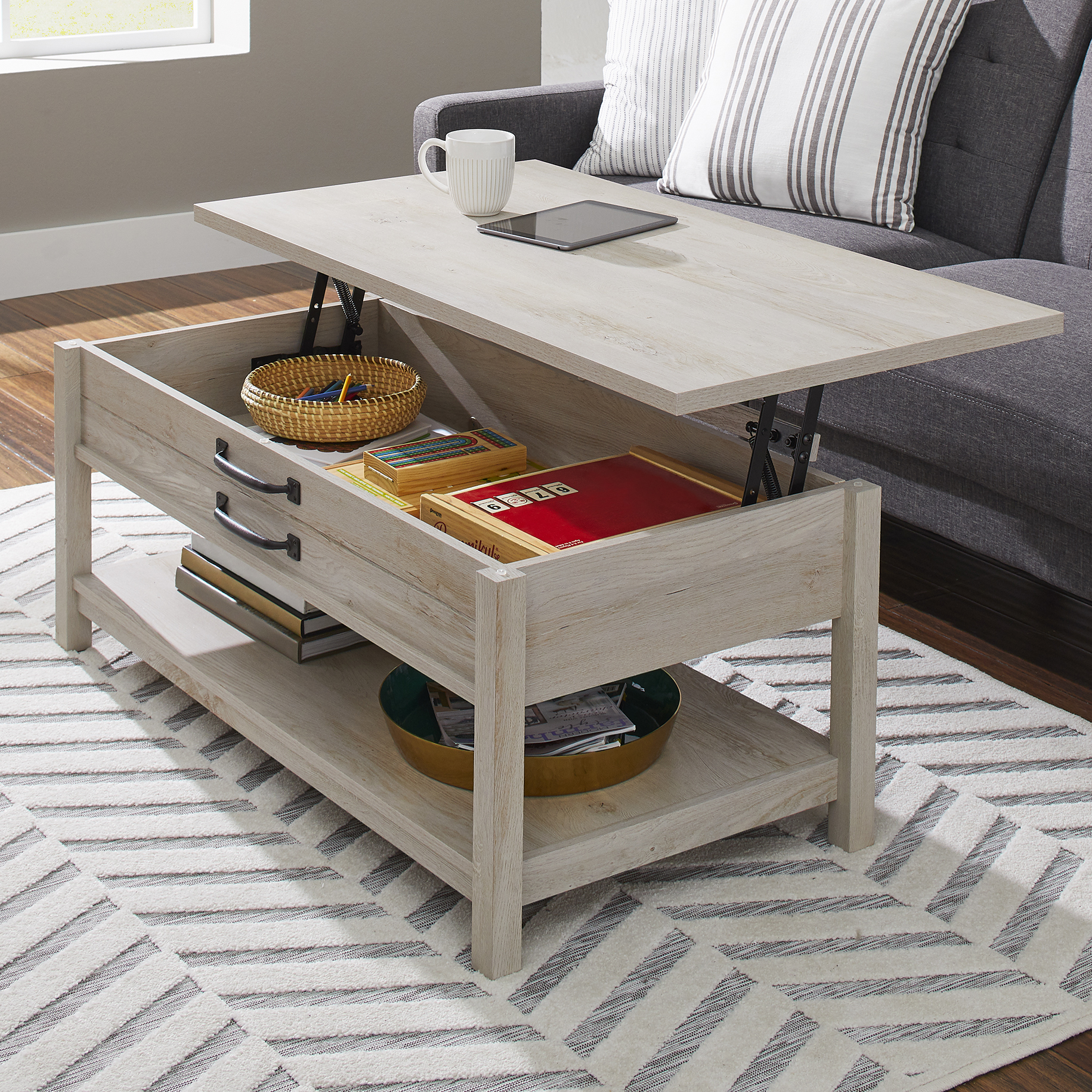Better Homes & Gardens Modern Farmhouse Rectangle Lift Top Coffee Table, Rustic White Finish - image 4 of 16