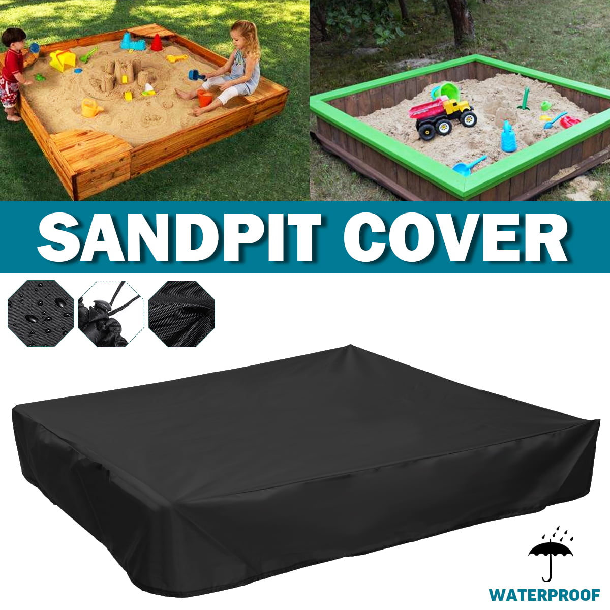 Black Square Oxford Sandbox Sandpit Cover Dustproof Waterproof with Drawstring 