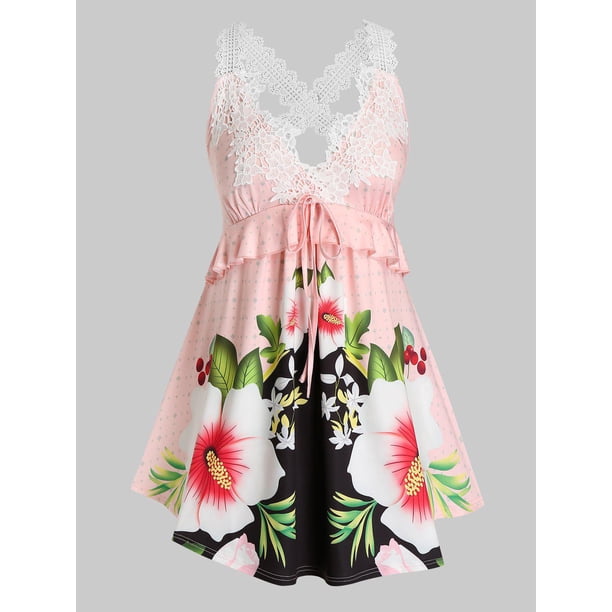 Más el tamaño de los encajes de ganchillo de la impresión floral del entrecruzamiento Tank Top Rosegal Camisetas sin mangas de talla grande