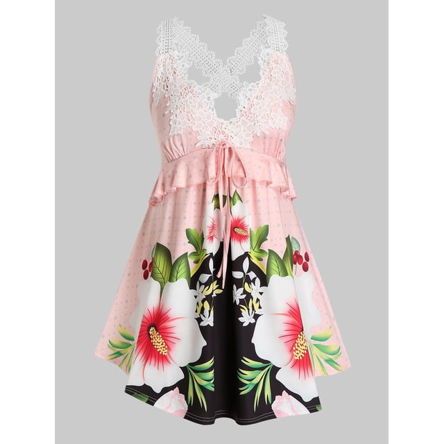 Más el tamaño de los encajes de ganchillo de la impresión floral del entrecruzamiento Tank Top Rosegal Camisetas sin mangas de talla grande