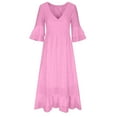thumbnail image 7 of qolati Cotton Linen Dresses for Women 2023 Summer Plus Size V Neck Ruffle 3/4 Sleeve Boho Dress Eyelet Slim Fit Ruffle Hem Beach Maxi Dress, 7 of 7