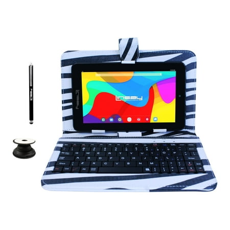 LINSAY 7" Quad Core 2GB RAM 32GB Storage Android 12 Tablet with keyboard Zebra Style, Pop Holder and Pen Stylus