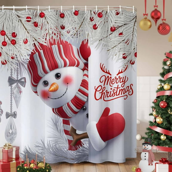 Merry Christmas Shower Curtain, Cute Snowman White Pine Branches Winter Holiday Waterproof Fabric Shower Curtains with 12 Hooks, Bathroom Curtain Set for Bathroom Accessories Decor, 60 x 72 Inches