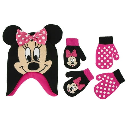 Disney Little Girls Minnie Mouse Hat and 2 Pairs Mittens/Gloves Cold Weather Accessory