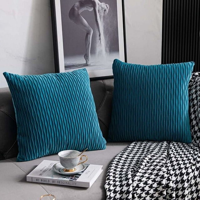 Fundas de cojín funda almohada Turquesa 45cmx45cm: Juego de 2 Fundas de Cojines Decorativos Cuadrados en Original Terciopelo a Rayas para Sofá de Dormitorio