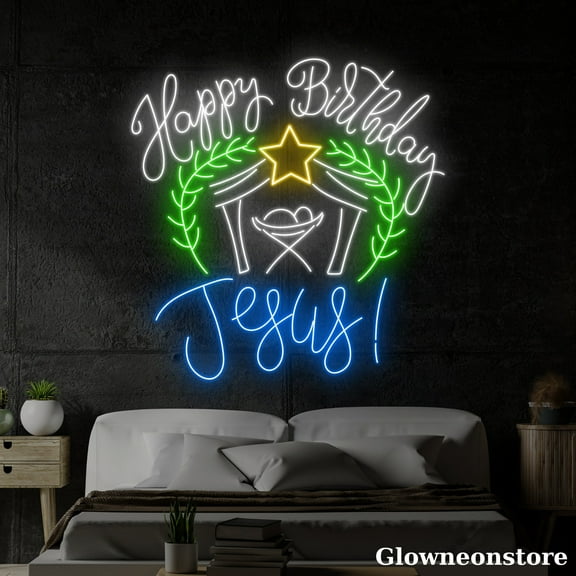 Glowneon Happy Birthday Jesus Neon Sign, Happy Birthday Led Sign, Christmas Decor, Family Gift