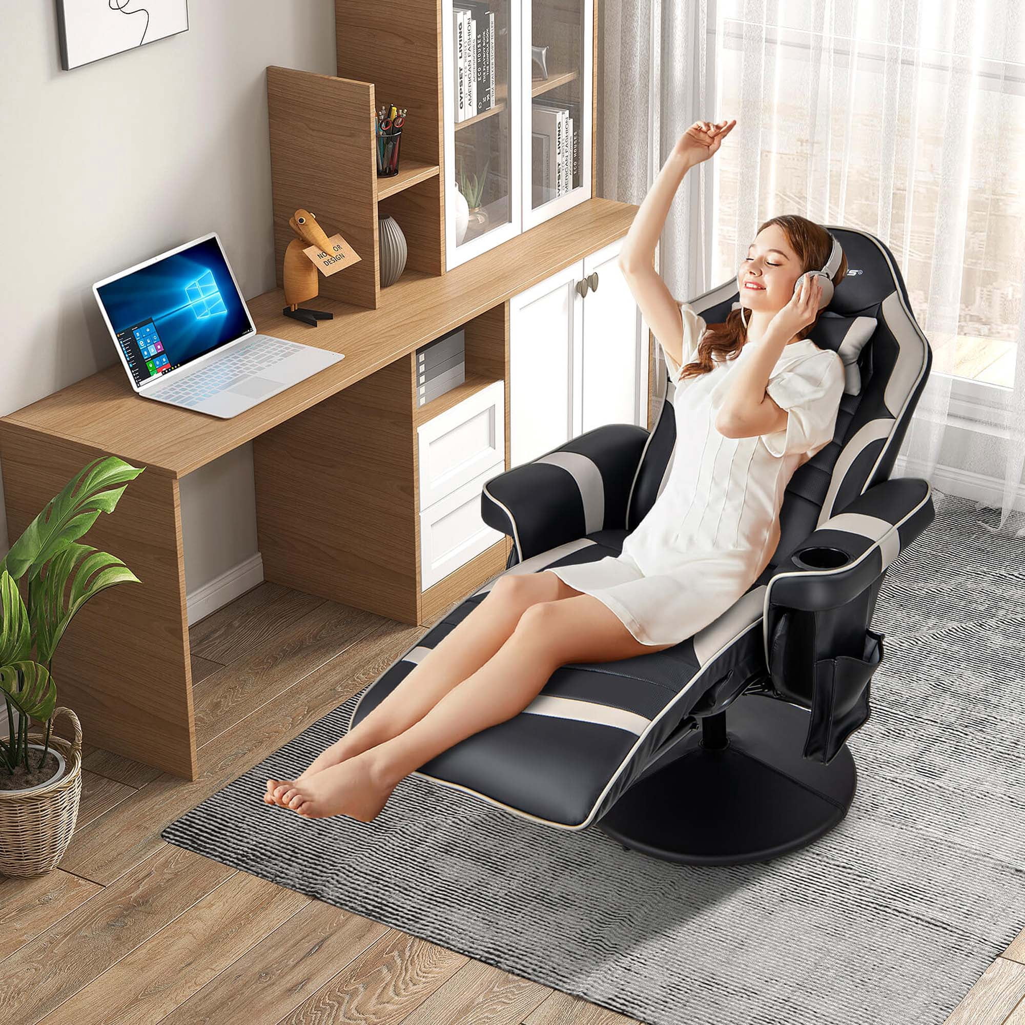 Goplus Massage Gaming Recliner Height Adjustable Racing Swivel Chair with Cup Holder Grey