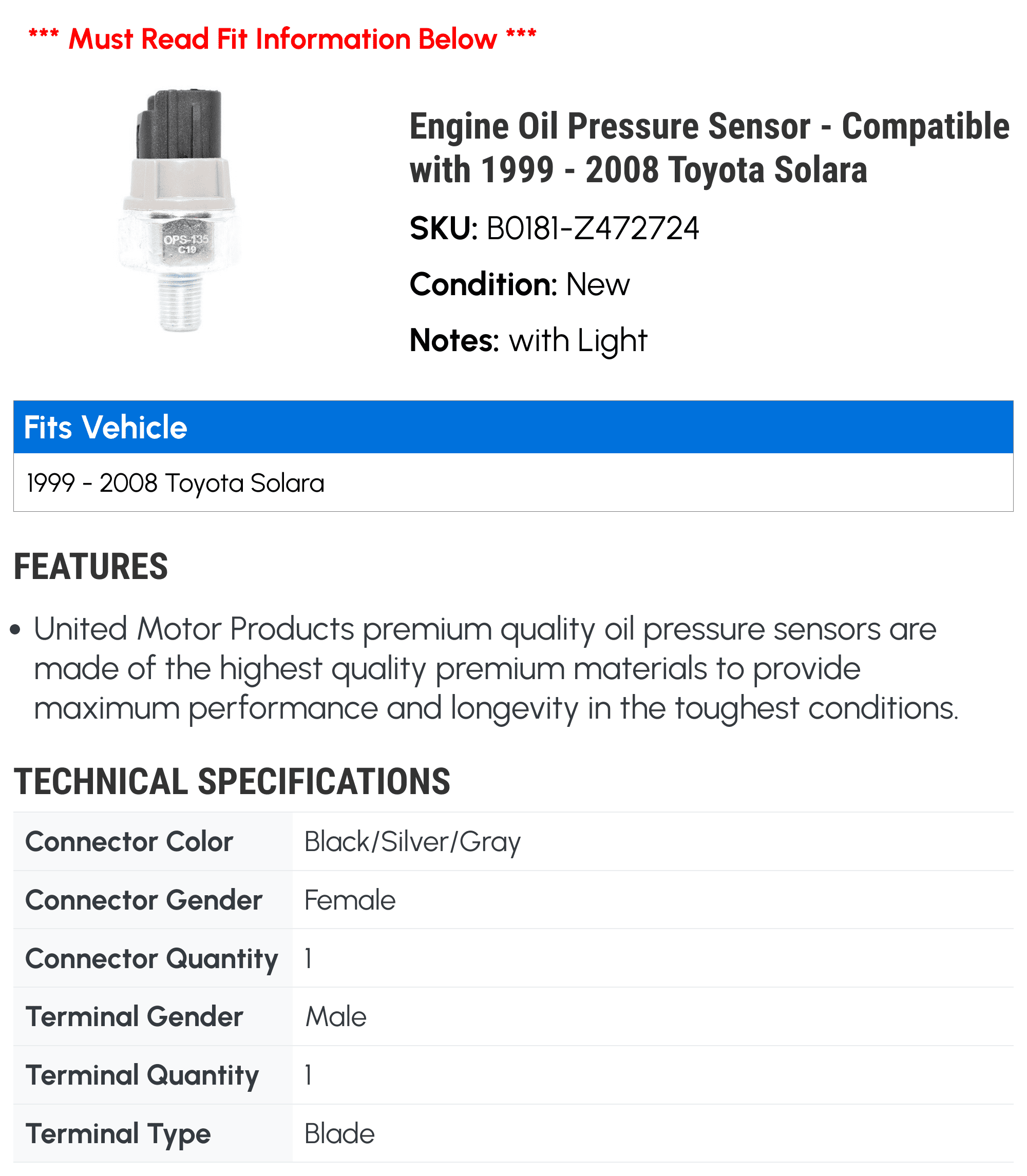 Engine Oil Pressure Sensor - Compatible with 1999 - 2008 Toyota Solara 2000 2001 2002 2003 2004 2005 2006 2007