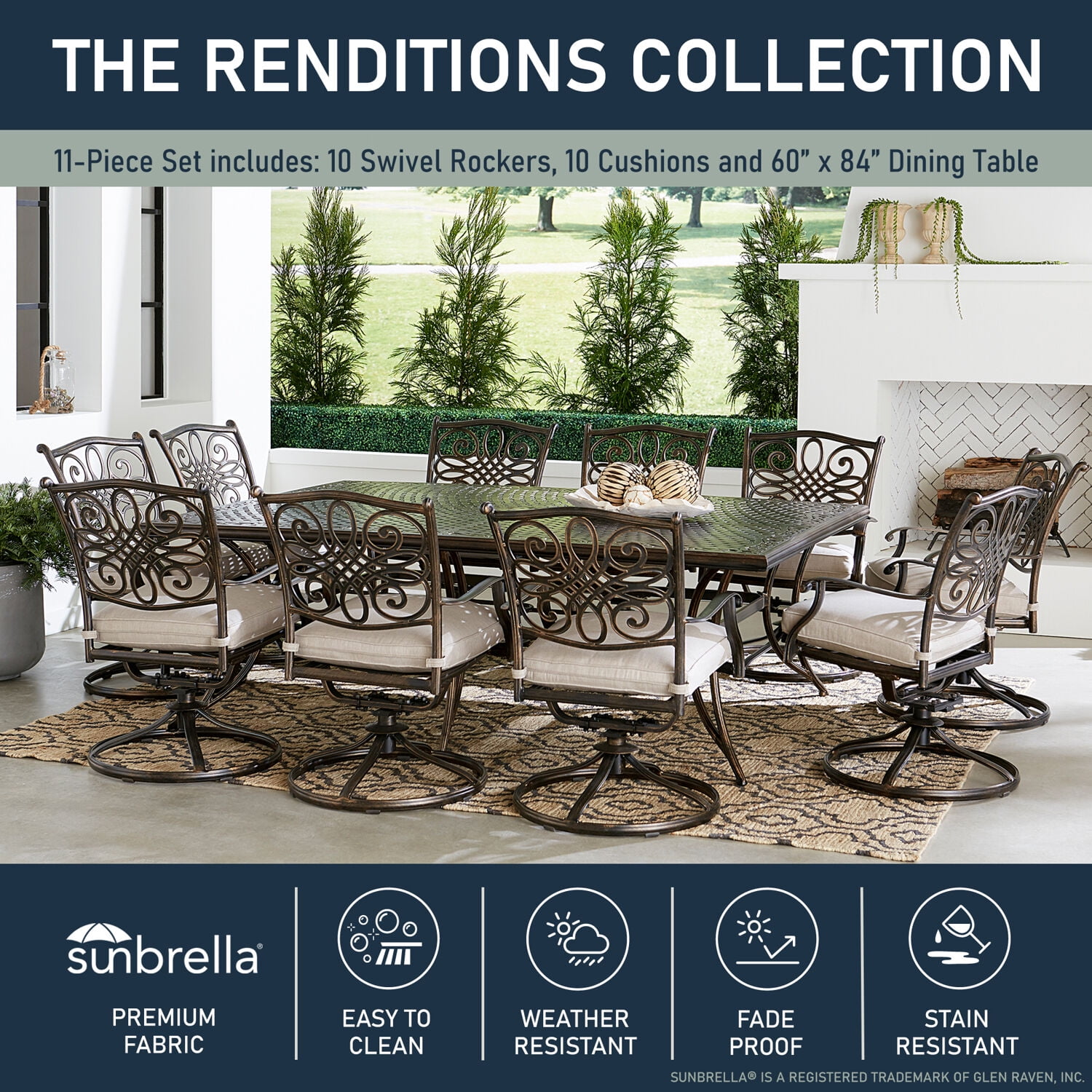 Agio Renditions 11 Piece Outdoor Dining Set with Sunbrella Fabric Elegant 60 x 84 Patio Table with 10 Comfortable Swivel Chairs Rust UV and Weather Resistant Aluminum Frames Silver Walmart