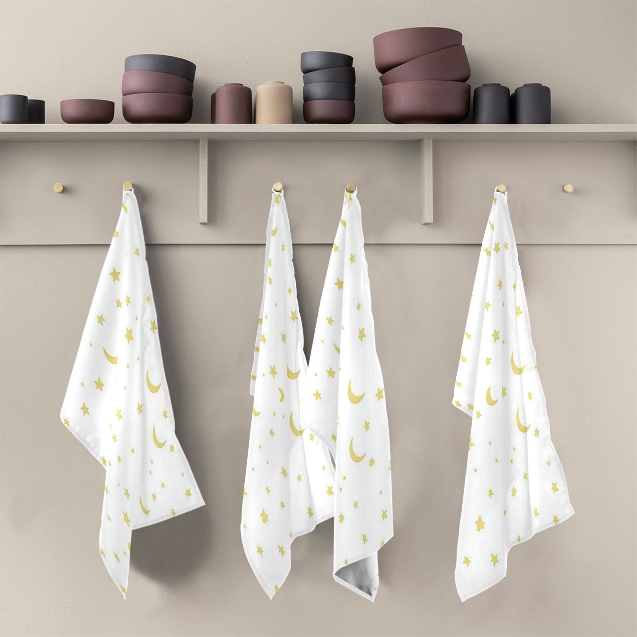 Yellow Stars and Moons Kitchen Towels 6-Piece Pack Tea Towels for Kitchen Decorative Waffle Design 28x18in