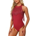 thumbnail image 4 of INSPIRE CHIC Women's Bodysuit Fringe Trim Sleeveless Halter Neck Bodycon Tops M Red, 4 of 6