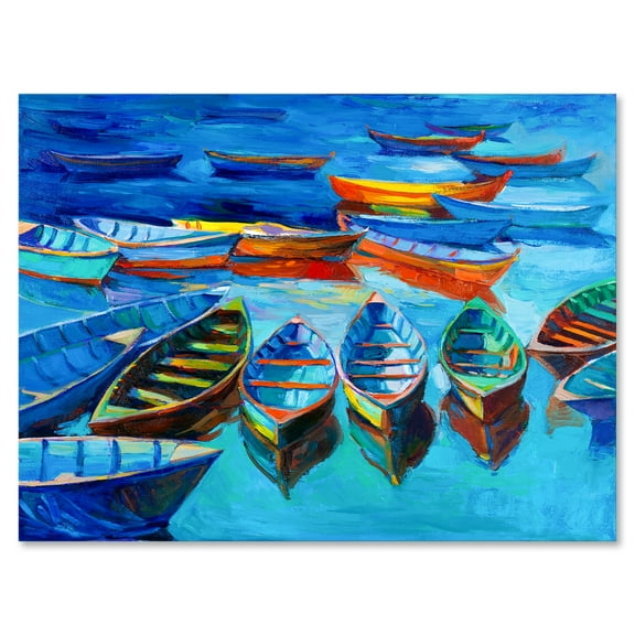 Designart ' Little Boats Wating In The Blue Harbour ' Nautical & Coastal Canvas Wall Art Print