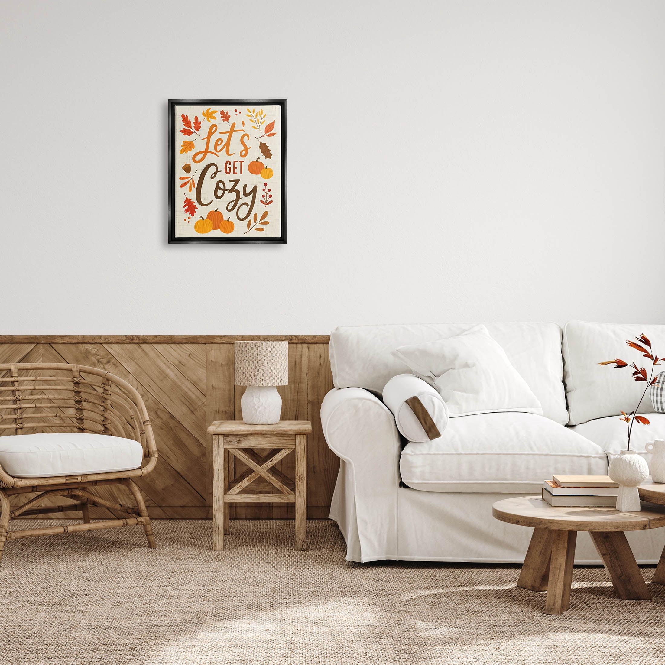 Lets Get Cozy Autumnal Leaf Sprigs Holiday Graphic Art Jet Black Framed Art Print Wall Art