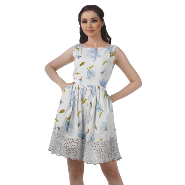 Moomaya Robe Tunique Sans Manches en Coton Robe Courte Évasée Style Pouf Robe Évasée pour Femmes